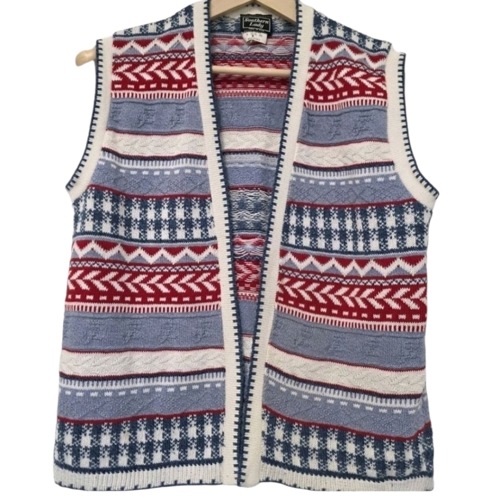 Vintage Fisherman Nostalgic Sweater Vest  Womens Size Med Patriotic Blue Red